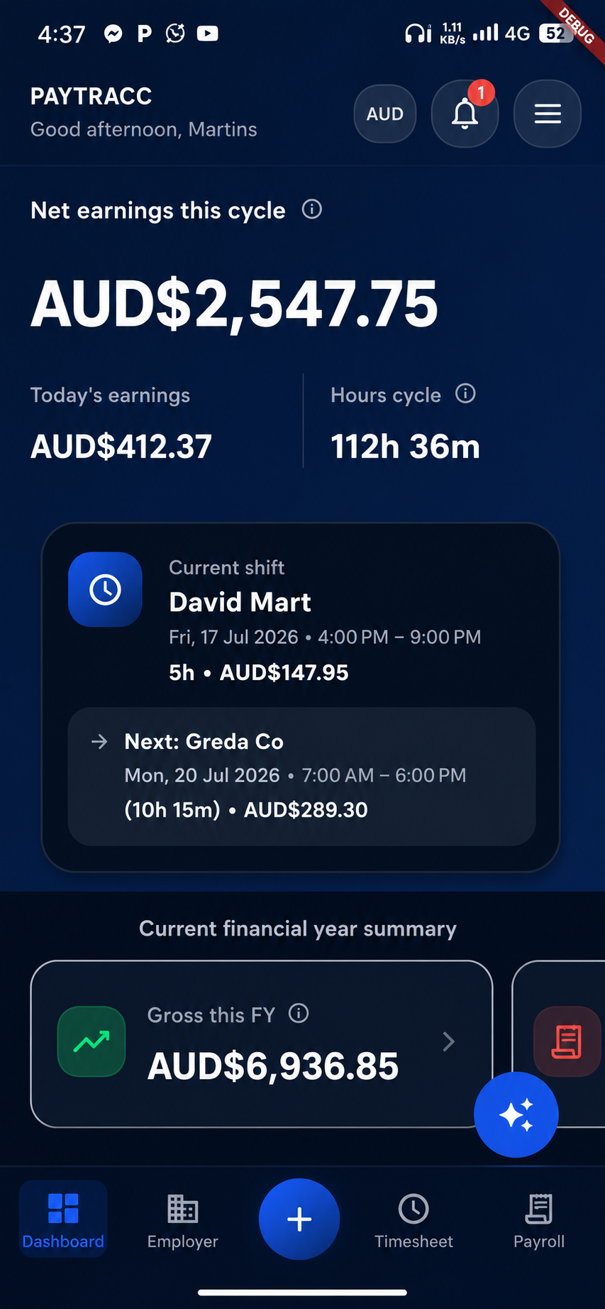 PayTracc app showing this pay cycle total, leave days, and recent pay activity