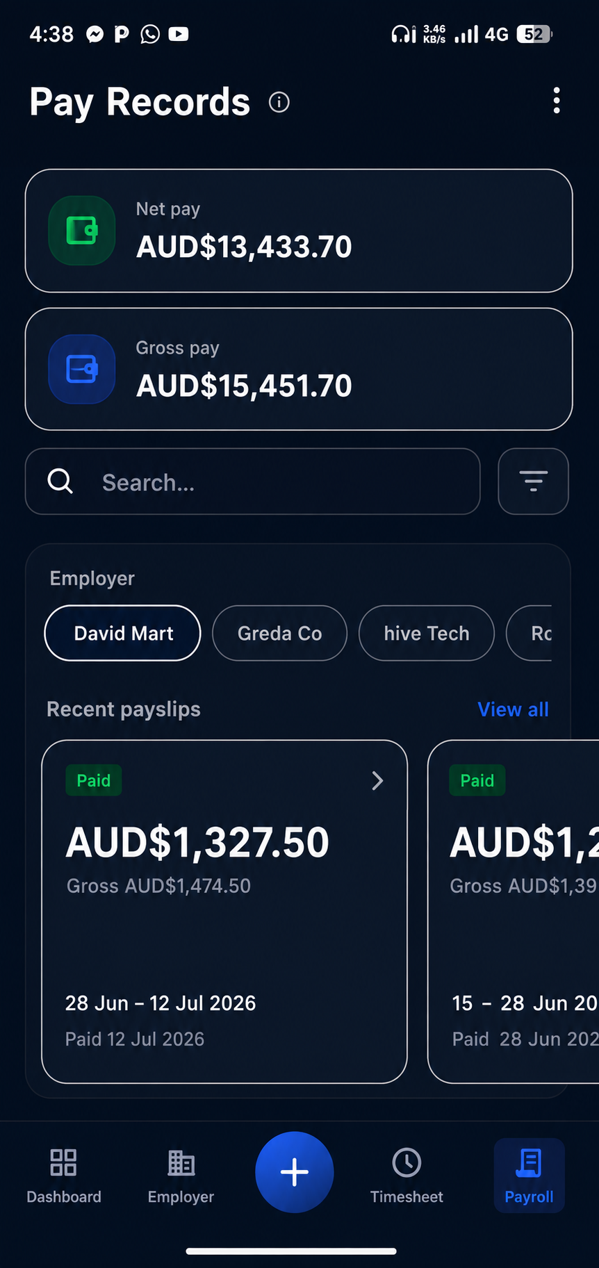 PayTracc pay records screen with net pay, gross pay, and recent payslips