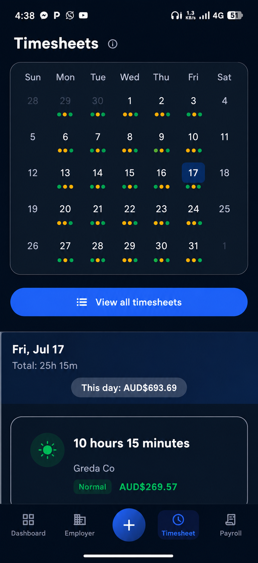 PayTracc timesheet screen with calendar and shift details